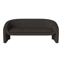 Modern dark brown sofa with a textured fabric finish, featuring a sleek, minimalist design and curved edges.