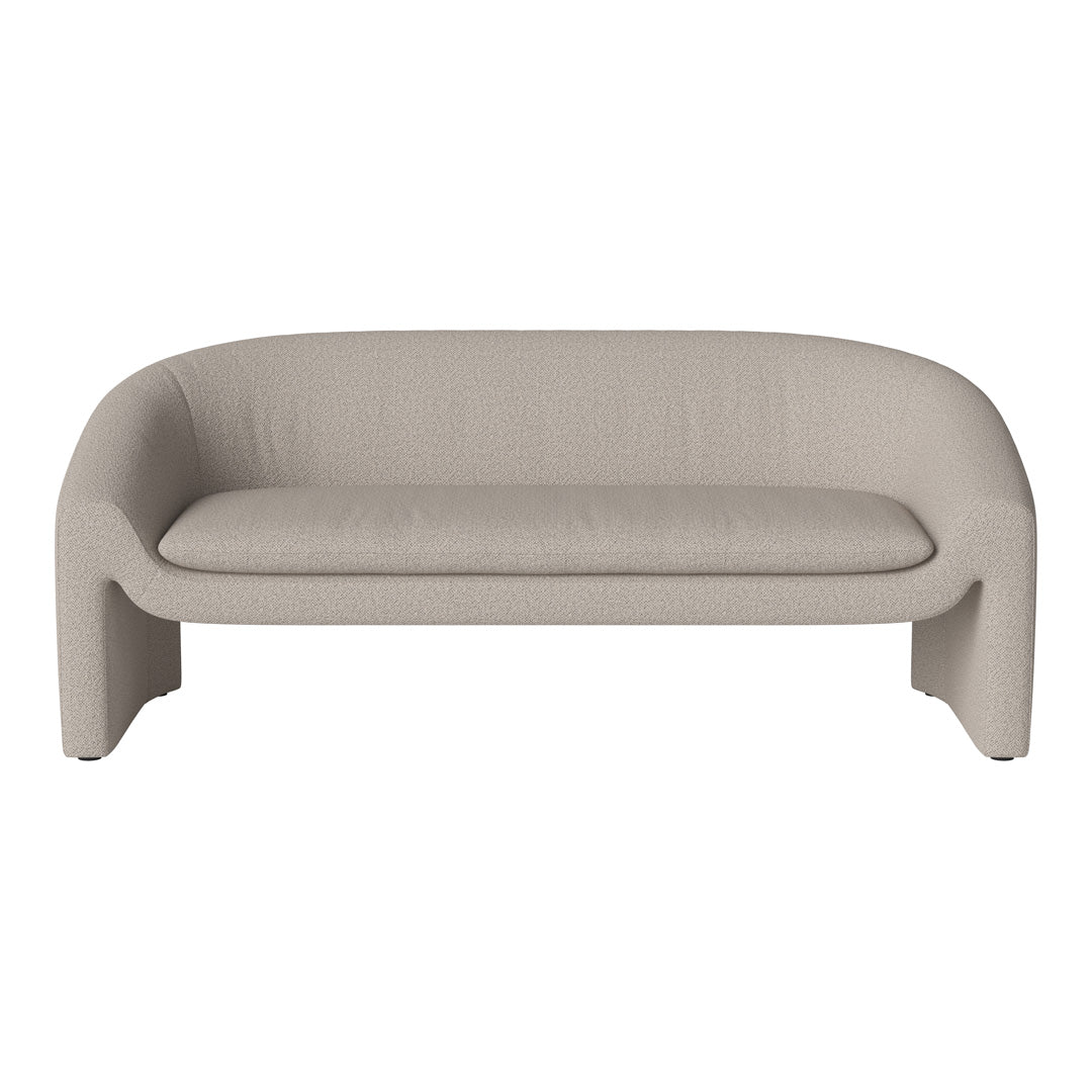 Beige textured sofa with a minimalist design and smooth, curved lines for contemporary decor.