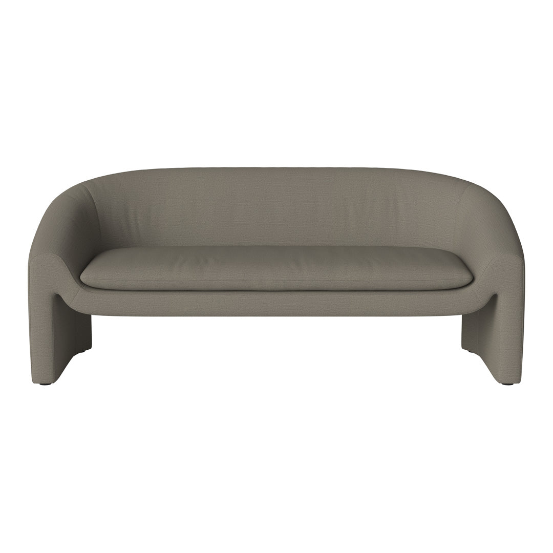 Stylish taupe sofa with a smooth, textured fabric and rounded edges, perfect for modern interiors.