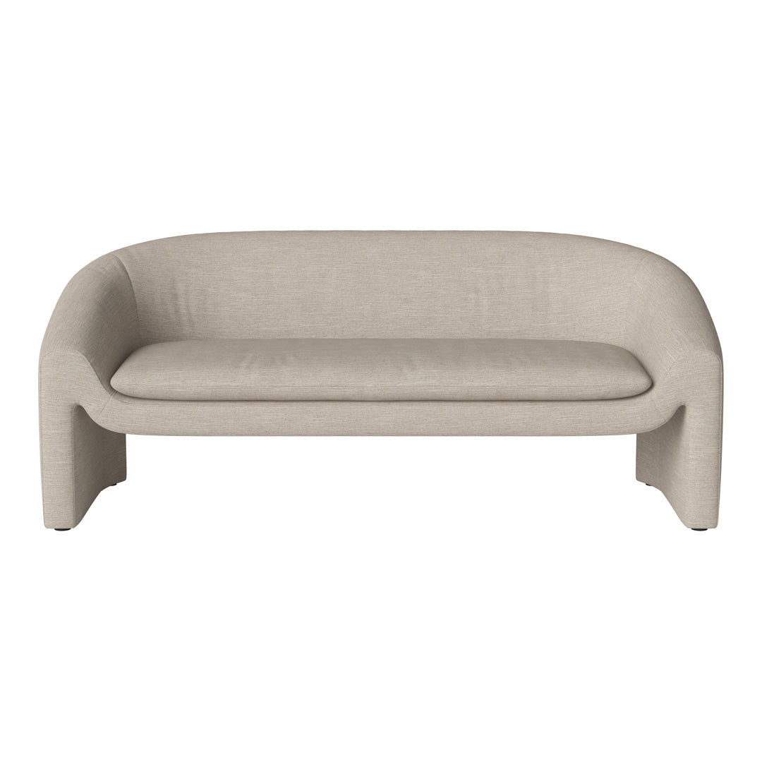 Beige curved sofa with a smooth, textured fabric and minimalist design. Ideal for modern living spaces.