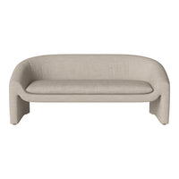 Beige curved sofa with a smooth, textured fabric and minimalist design. Ideal for modern living spaces.
