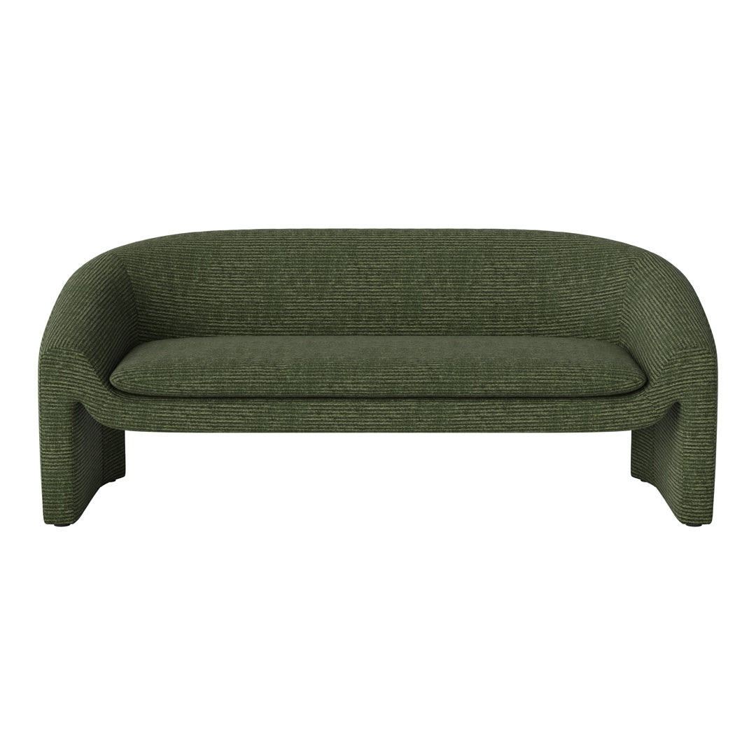 Green striped sofa with a modern design, showcasing varying shades of deep and light green in a textured pattern.