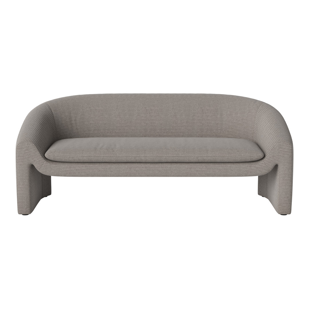 Gray upholstered sofa with subtle, ribbed texture and smooth, curved edges for contemporary elegance.