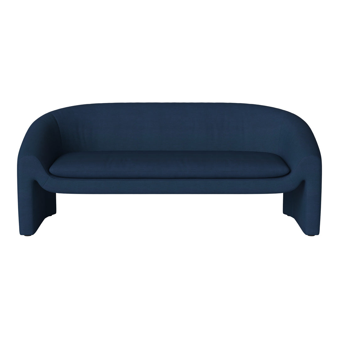 Mid-century modern sofa in deep navy blue fabric with a smooth, textured pattern. Perfect for stylish living spaces.
