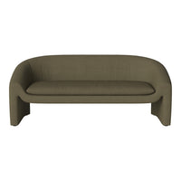 Olive green upholstered sofa with a smooth texture and modern, curved design. Ideal for contemporary living spaces.