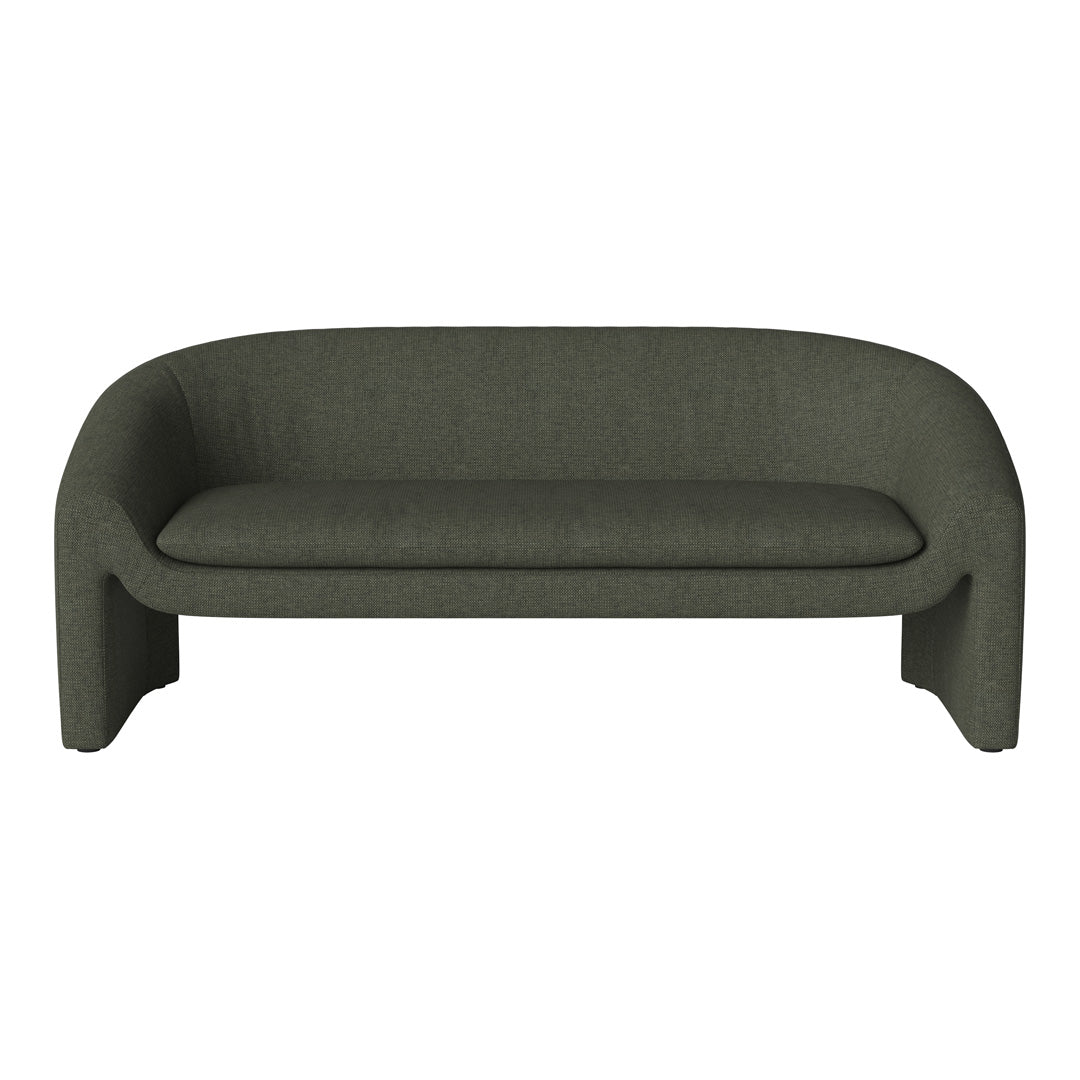 Olive green upholstered sofa with a textured fabric and modern curved design, perfect for contemporary decor.