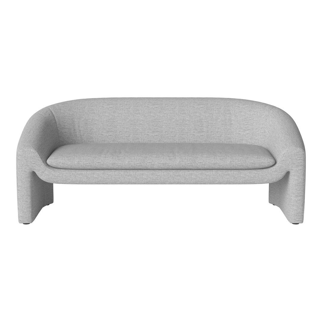 Light gray upholstered sofa with a smooth texture and minimalistic design, perfect for modern interiors.