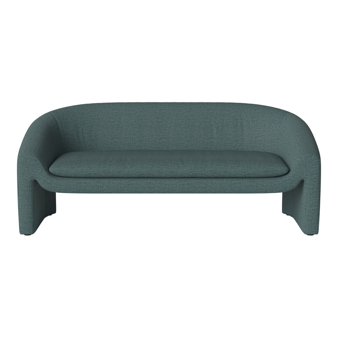 Teal upholstered sofa with a textured fabric pattern, featuring smooth, rounded edges for a modern look.