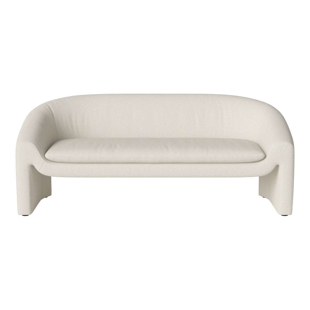 Modern white upholstered sofa with a sleek, minimalist design and soft texture, perfect for stylish interiors.
