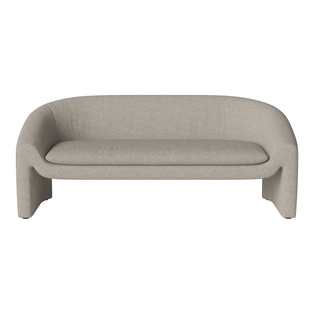 Light gray upholstered sofa with a smooth, minimalist design and rounded edges. Perfect for modern interiors.