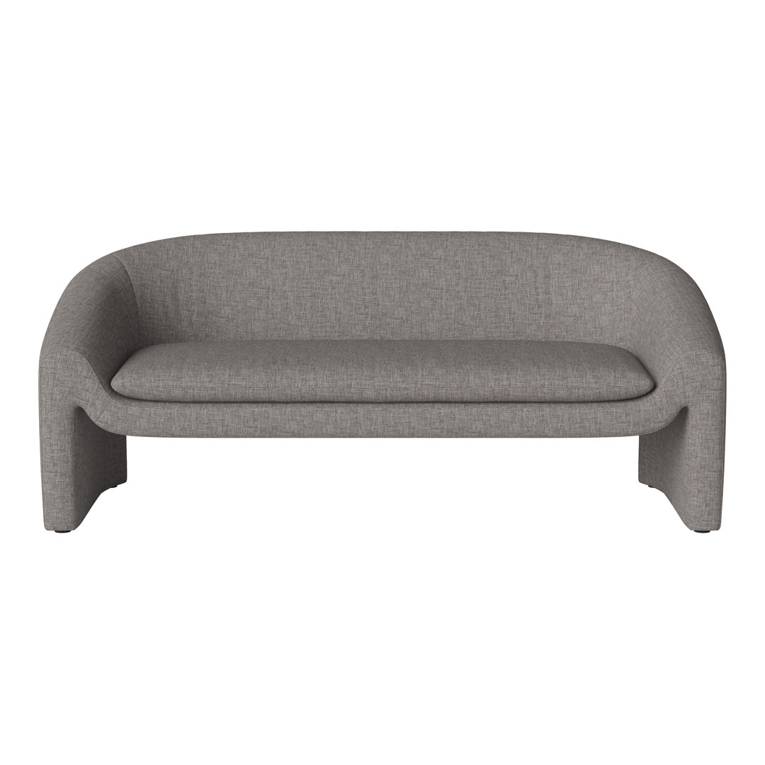 Gray textured sofa in a minimalist design, featuring soft curves and a neutral pattern, perfect for modern interiors.