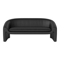 Sleek black leather sofa with a smooth, minimalist design and curved edges for modern interiors.