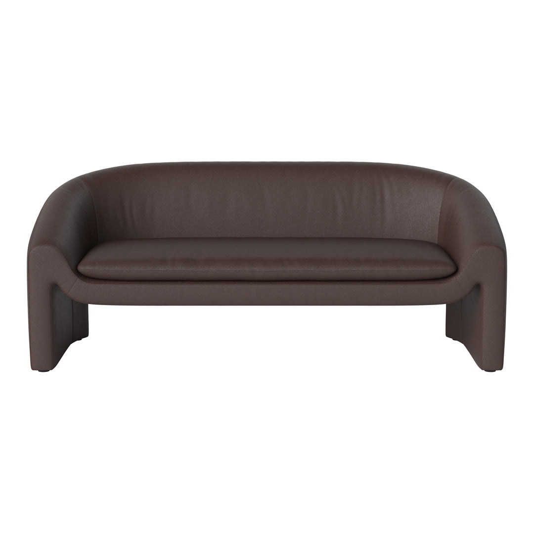 Brown leather sofa with a sleek, minimalist design and smooth, contemporary lines. Ideal for modern interiors.