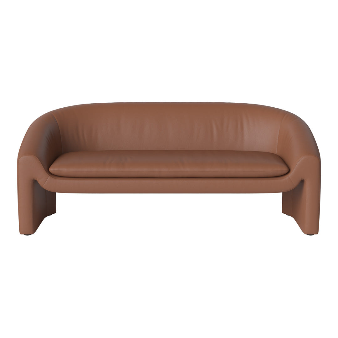 Brown leather sofa with a sleek, minimalist design and smooth, curved lines. Perfect for modern living spaces.