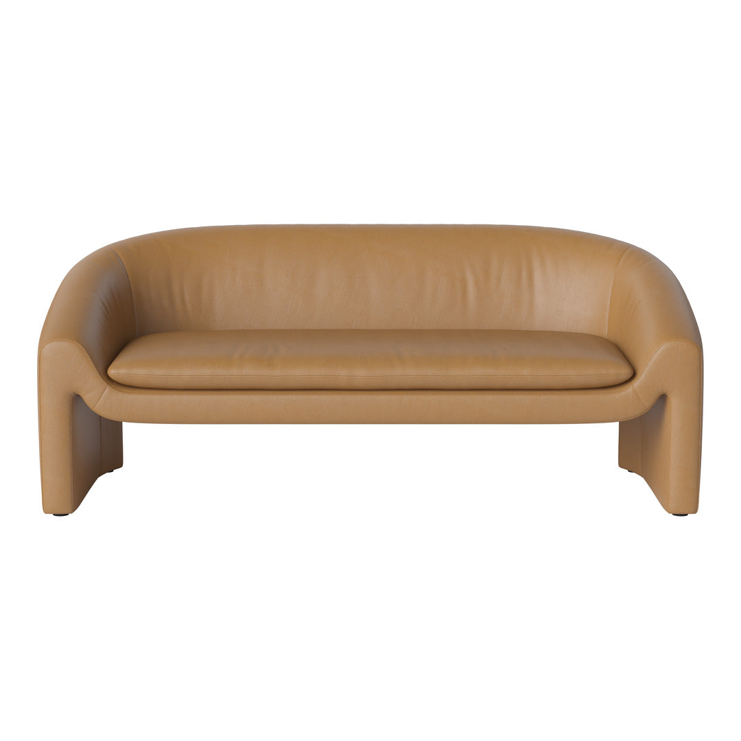 Tan leather sofa with a smooth, minimalist design, featuring curved edges and seamless upholstery.