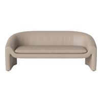 Sleek beige leather sofa with smooth, minimalist design and gentle curves, perfect for modern interiors.