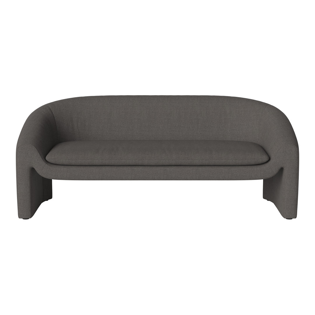 Modern gray sofa with a sleek, curved design and textured fabric, perfect for contemporary living spaces.