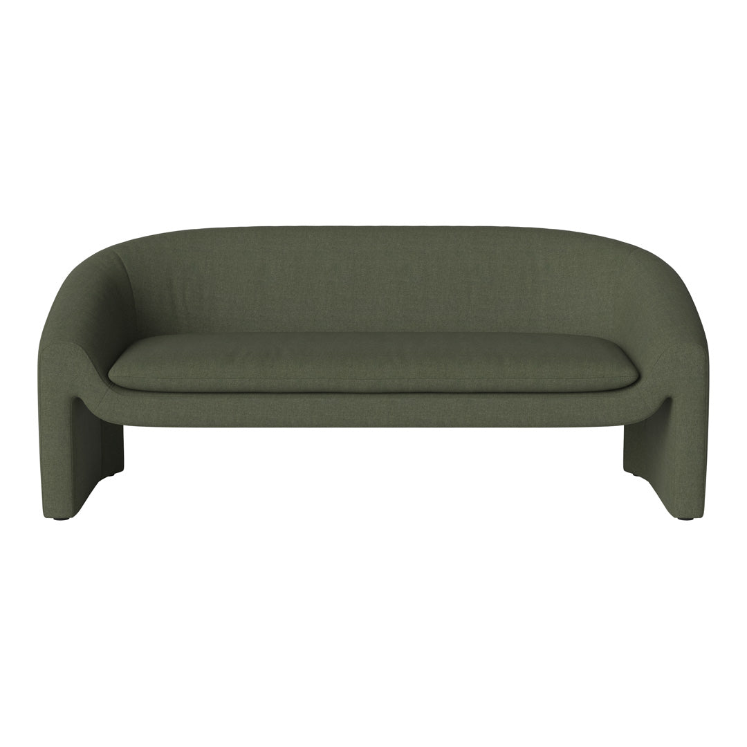 Curved green sofa in a textured fabric, featuring a modern, minimalist design with no patterns.