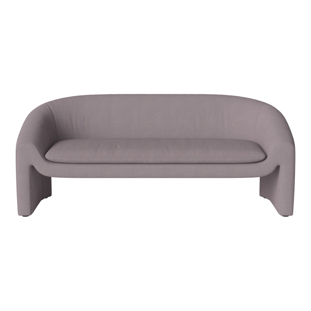 Soft gray sofa with a minimalist design and rounded edges, featuring a smooth, textured fabric upholstery.