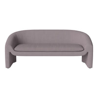 Soft gray sofa with a minimalist design and rounded edges, featuring a smooth, textured fabric upholstery.