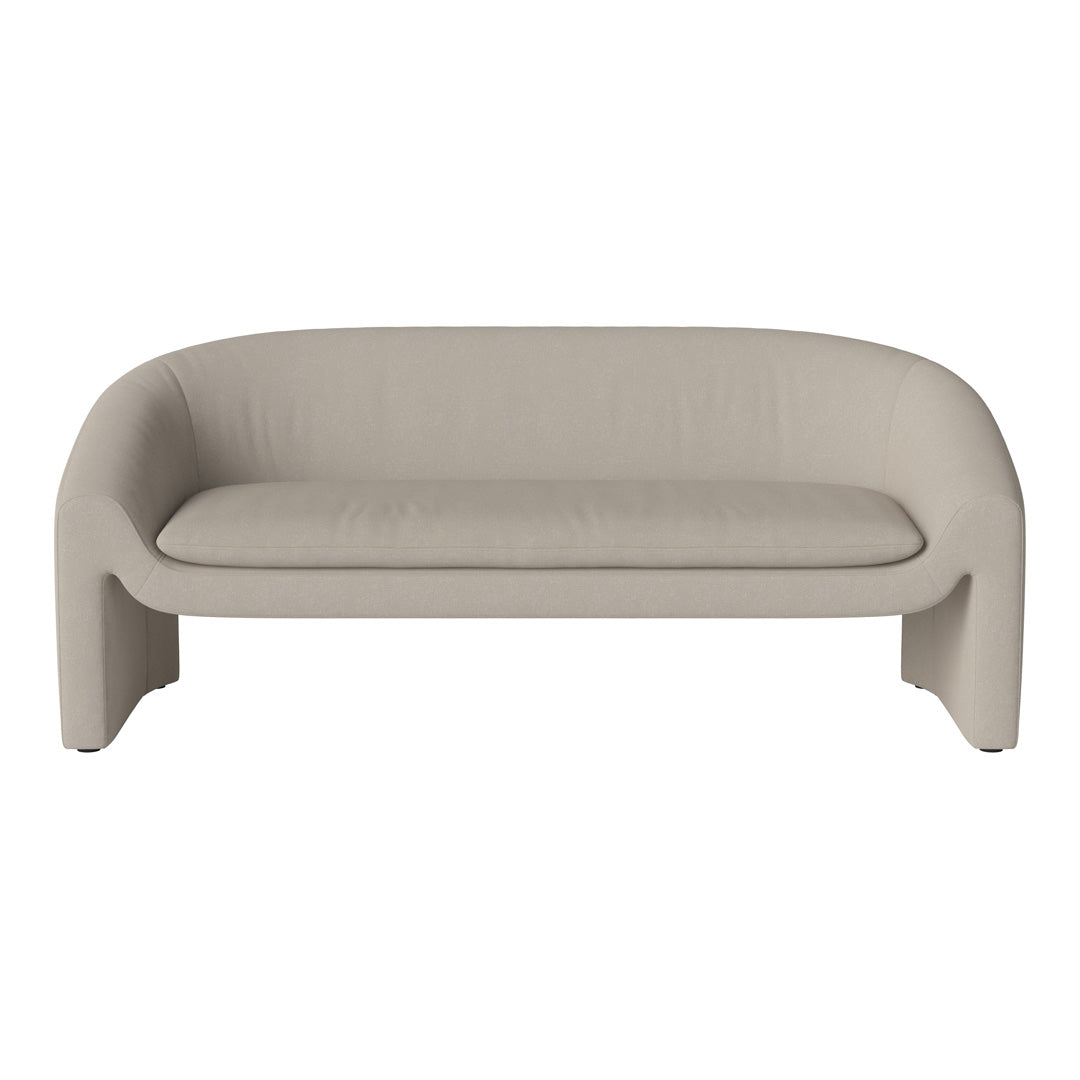 Light beige sofa with a smooth fabric finish and minimalist, curved design. Stylish and modern for any living space.