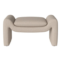 Beige upholstered ottoman with textured fabric and rounded edges, perfect for modern decor.