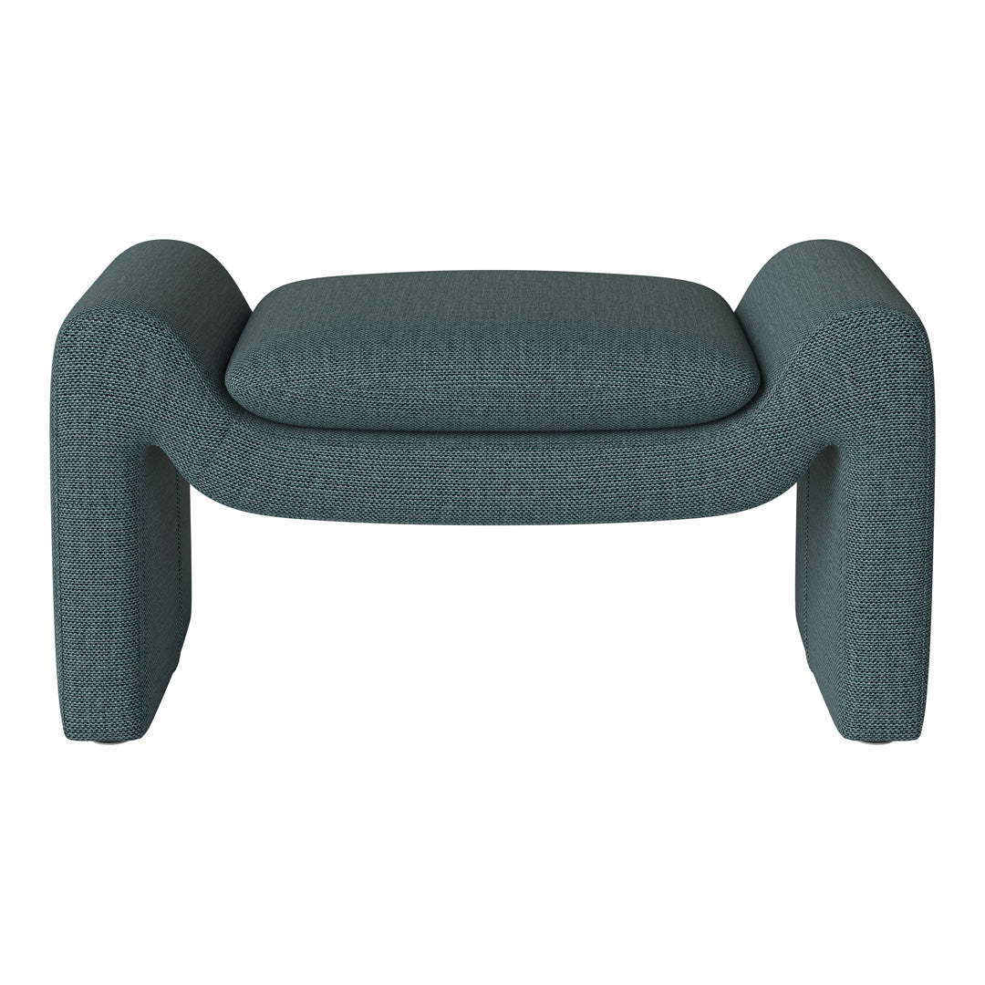 Teal upholstered ottoman with a textured fabric and curved design, perfect for modern decor.