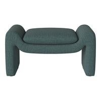 Teal upholstered ottoman with a textured fabric and curved design, perfect for modern decor.