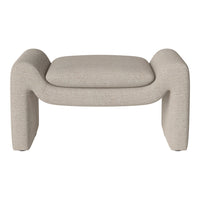 Beige upholstered ottoman with a textured pattern and curved design, perfect for modern decor.