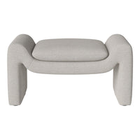 Light gray upholstered ottoman with a textured, soft finish and rounded edges, perfect for modern interiors.