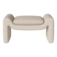 Beige upholstered ottoman with a soft, textured finish and contemporary rounded edges. Ideal for modern interiors.