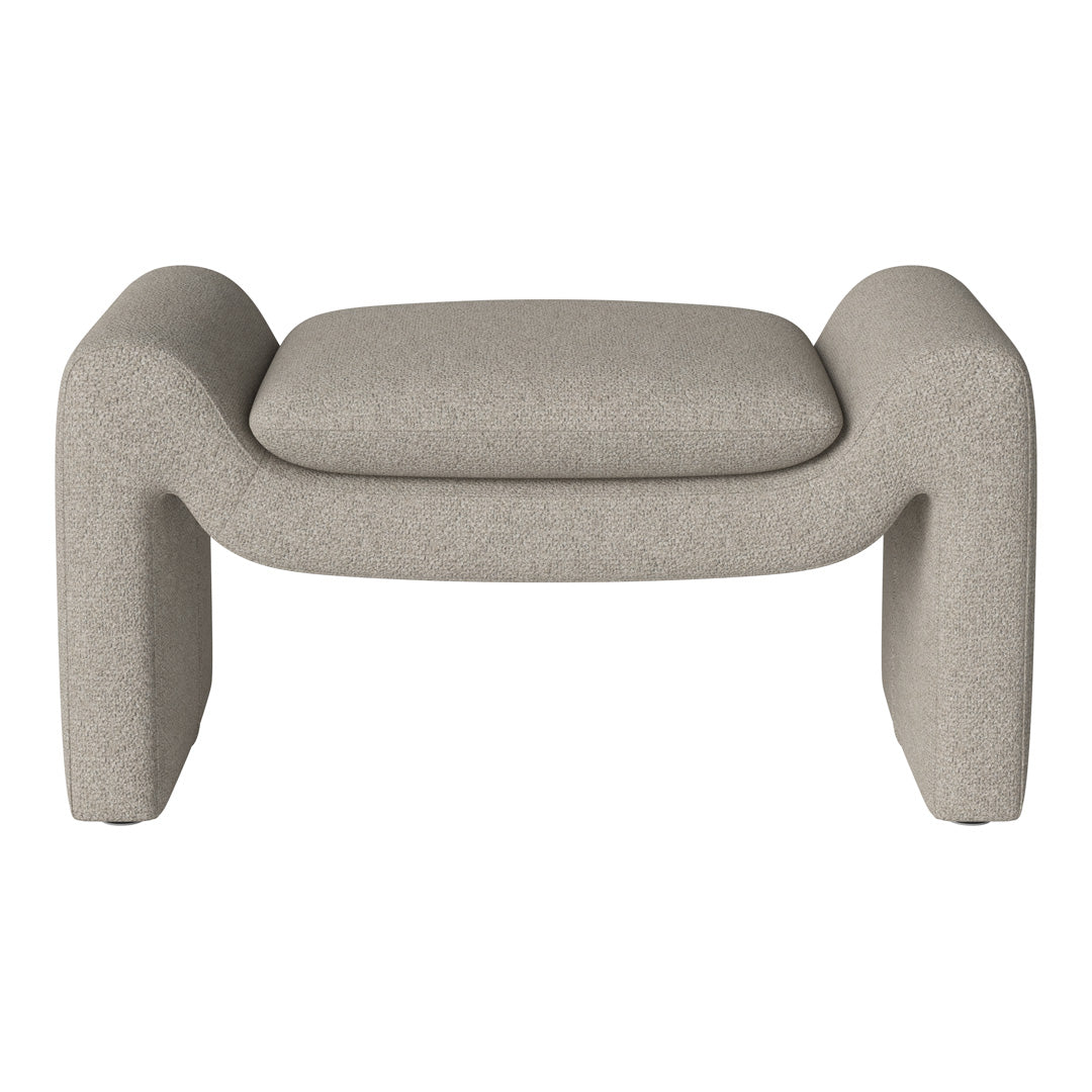 Beige upholstered ottoman with a textured pattern in a modern design. Perfect for contemporary interiors.