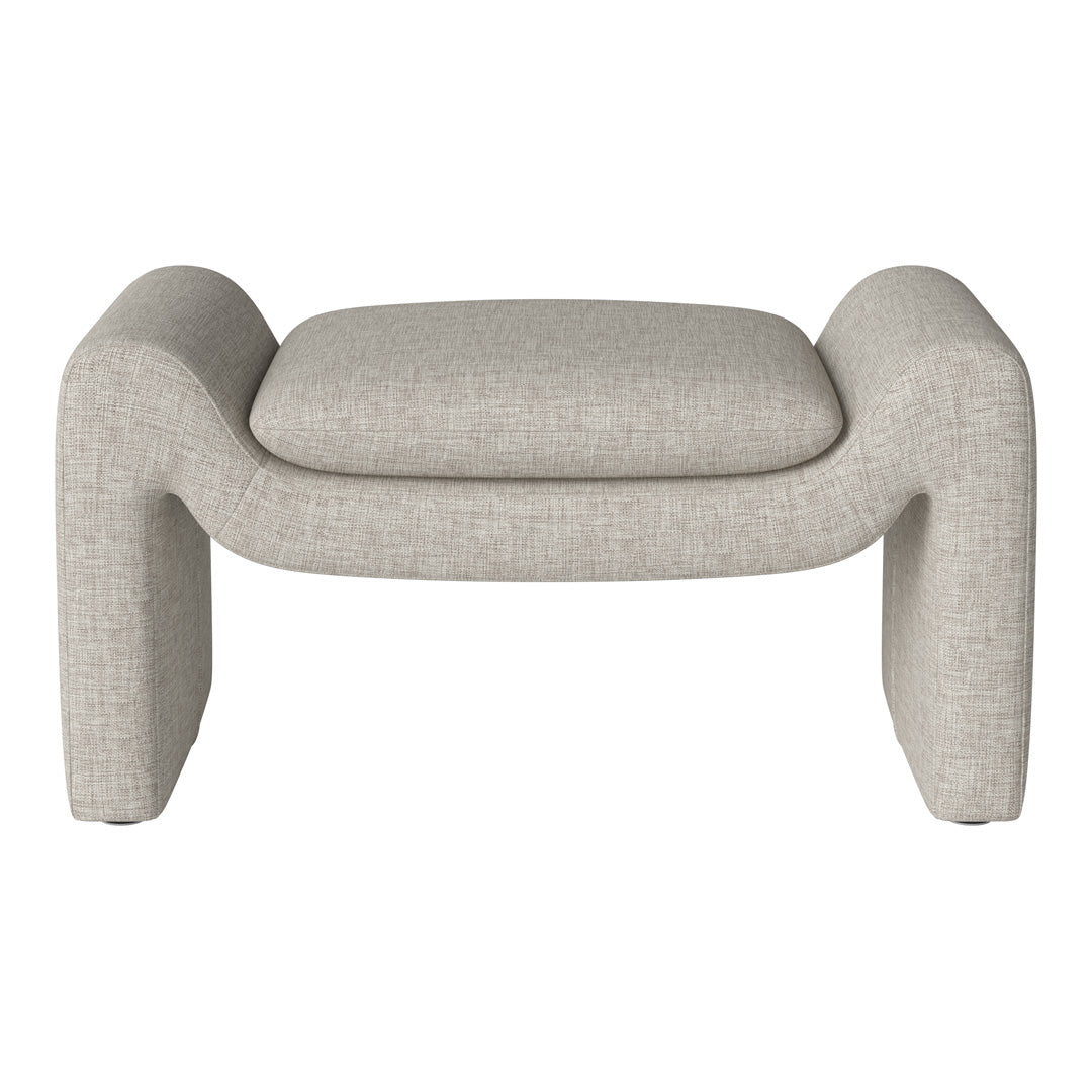 Light beige textured ottoman with a minimalist design and subtle woven pattern. Perfect for modern decor.