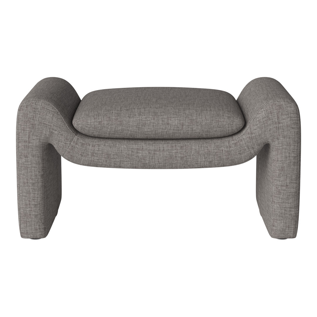 Gray textured fabric ottoman with a modern, minimalist design and soft, rounded edges. Perfect for contemporary decor.
