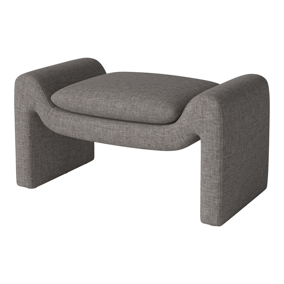 Gray textured ottoman with a modern, sculptural design. Soft fabric and contemporary lines for a stylish touch.