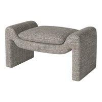 Gray upholstered ottoman with textured, woven fabric and rounded edges, perfect for modern decor.