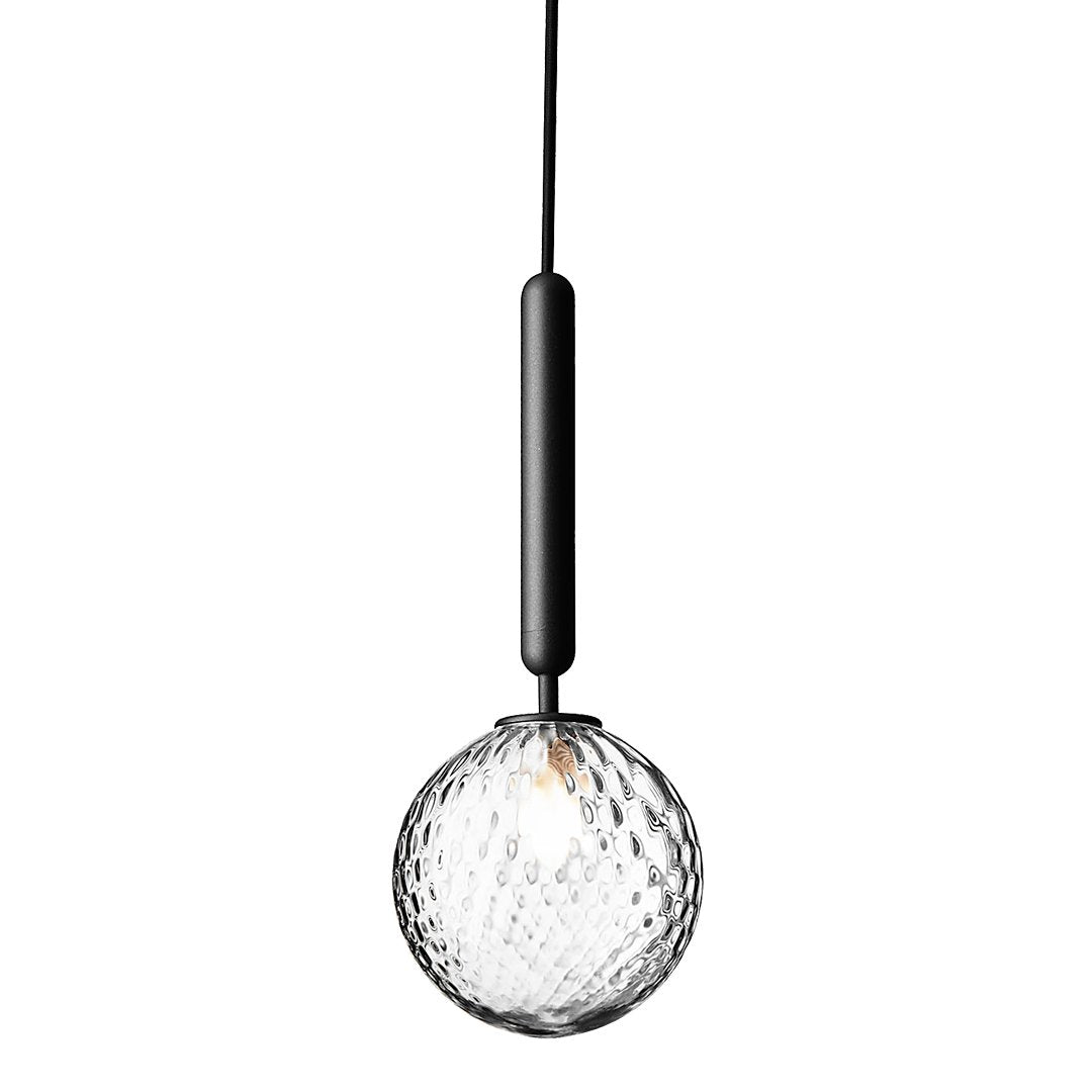 Clear textured glass pendant with a black rod. Elegant modern design for stylish interior lighting.