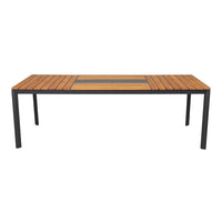 Rectangular dining table featuring a warm wood finish with black accents and a striped design for modern elegance.