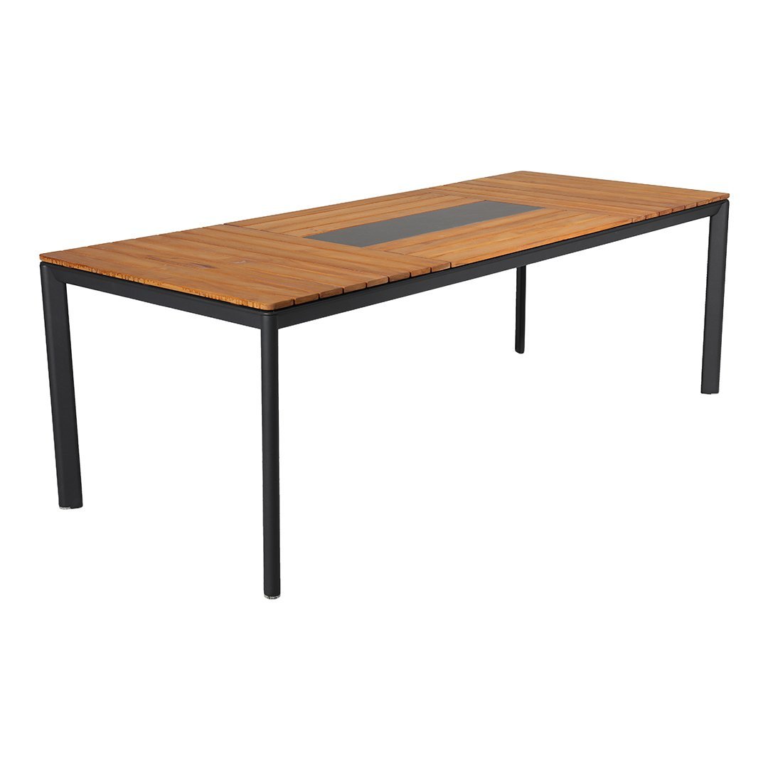 Rectangular wooden table with a rich brown finish and sleek black metal legs, featuring a stylish centered black panel.