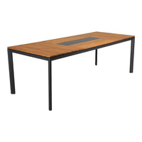 Rectangular wooden table with a rich brown finish and sleek black metal legs, featuring a stylish centered black panel.