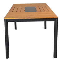 Natural wood grain tabletop with black metal legs and central rectangular accent. Rustic and modern design.