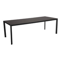 Rectangular black dining table with a sleek, minimalist design and smooth surface. Ideal for modern interiors.