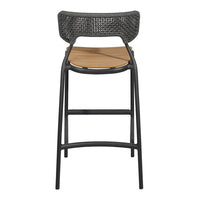Black woven backrest with a natural wood seat on a sleek black frame, ideal for modern decor.