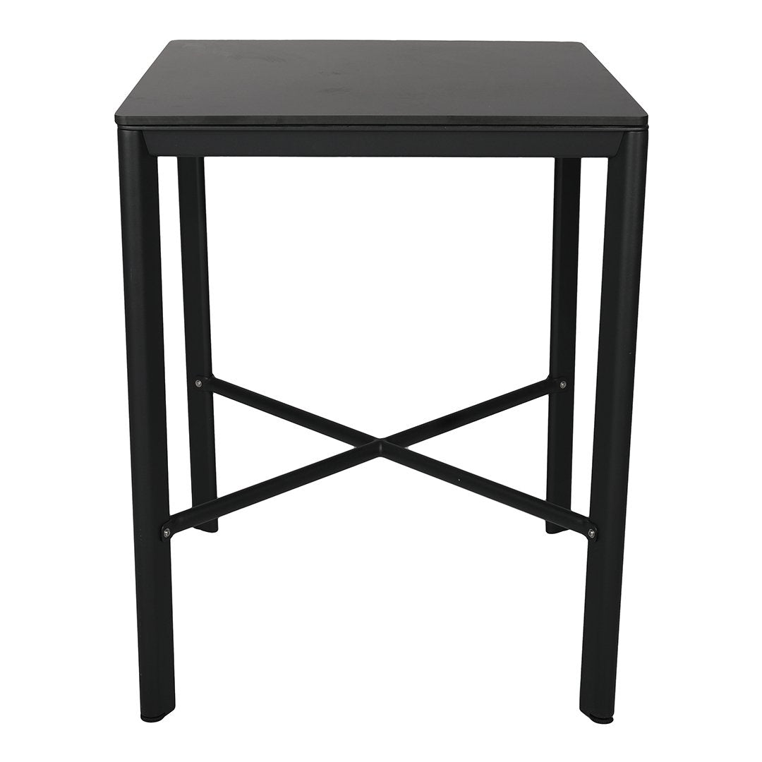 Black square table with sleek metal frame and minimalistic cross pattern design. Perfect for modern decor.