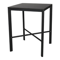 Black square table with a minimalist design and sleek metal frame, perfect for modern decor.