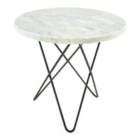 Round marble tabletop in a soft gray with subtle veining, supported by sleek black metal legs.