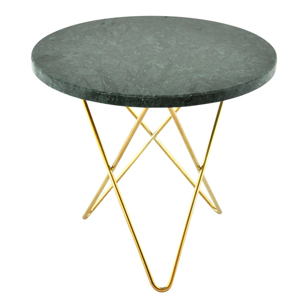Round gray marble table with a sleek gold geometric base, ideal for modern decor.