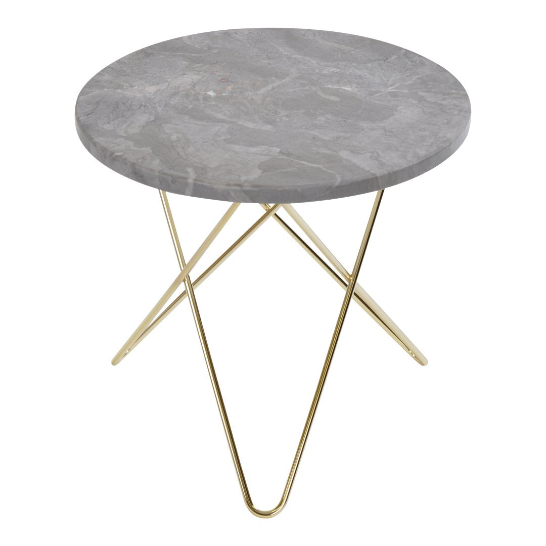 Gray marble tabletop with subtle veining, supported by sleek gold metal legs in a modern design.