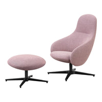 Pink upholstered chair and ottoman set with smooth, minimalist design and black metal base. Ideal for modern decor.