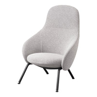 Light gray fabric armchair with a smooth, modern design and black metal legs, perfect for contemporary decor.